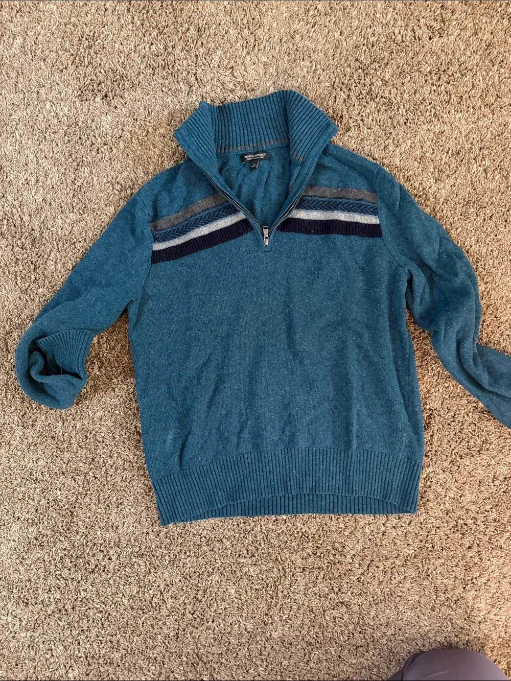 Banana Republic Teal Zip-Up Sweater with Navy and Gray Stripes